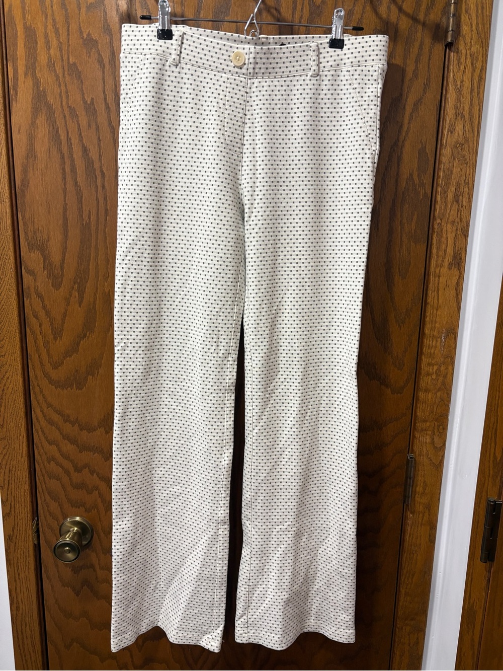 Beta Brand Yoga Dress Pants Large Long Cream Grey Checkered Wide-Leg Pants